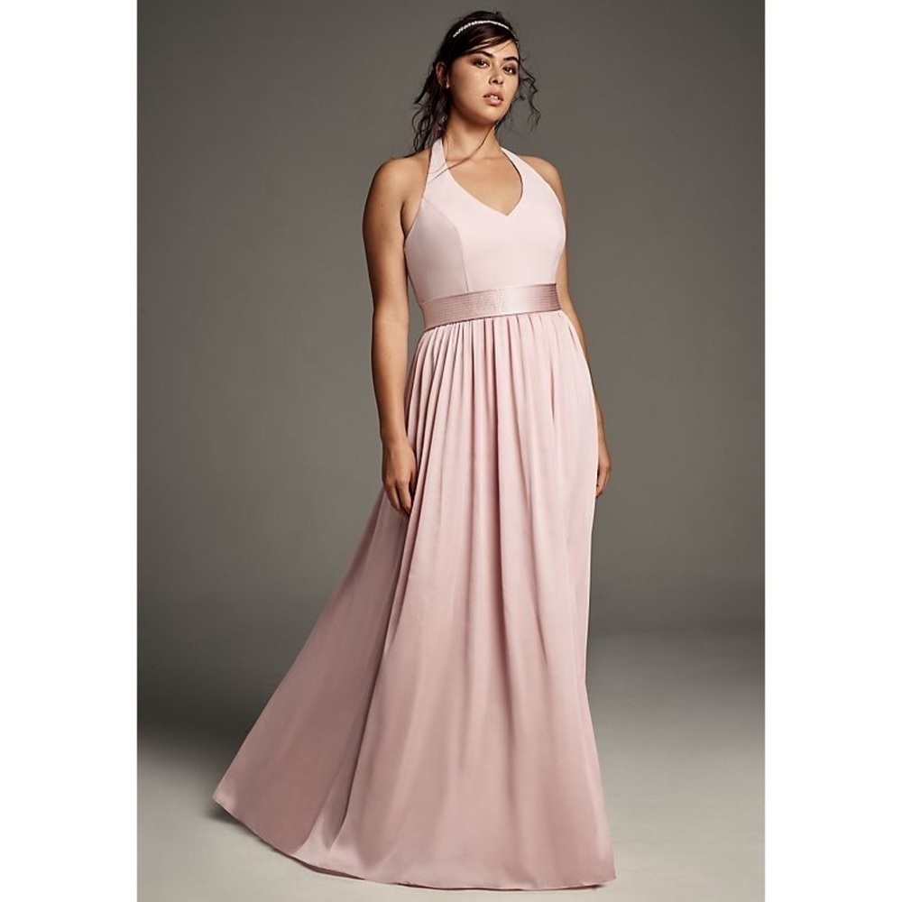VERA WANG Blush Satin‎ Halter V-Neck Bow Back Trim Sleeveless Belted Maxi Gown 4